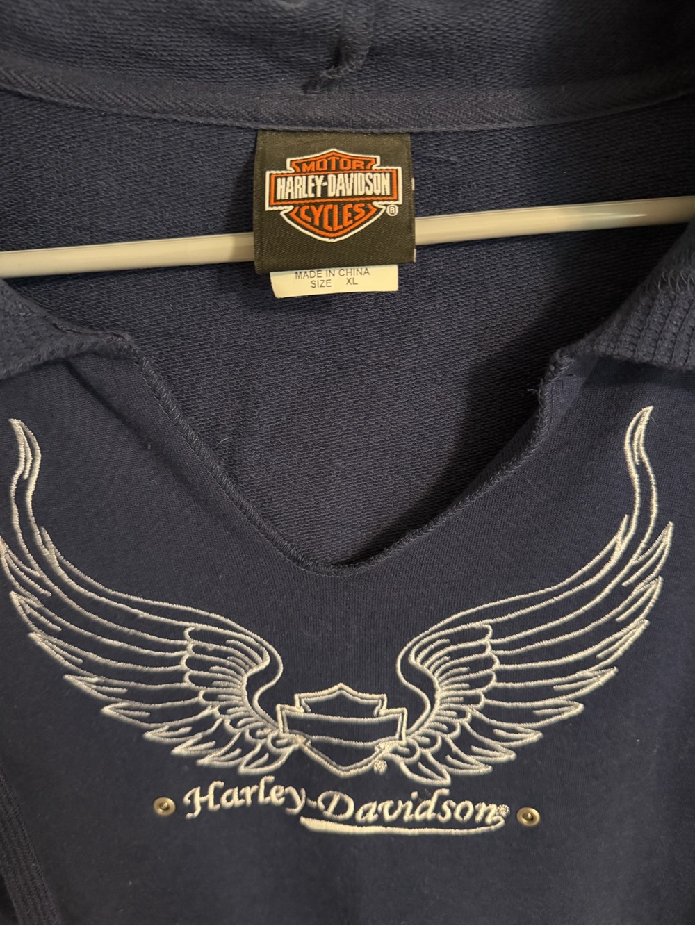 Harley Davidson Winged Bar & Shield V Neck Hoodie Sweatshirt Navy Blue - Picture 3 of 4